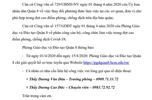 THÔNG BÁO - Về việc thay đổi phương thức làm việc của Phòng Giáo dục và Đào tạo Quận 8